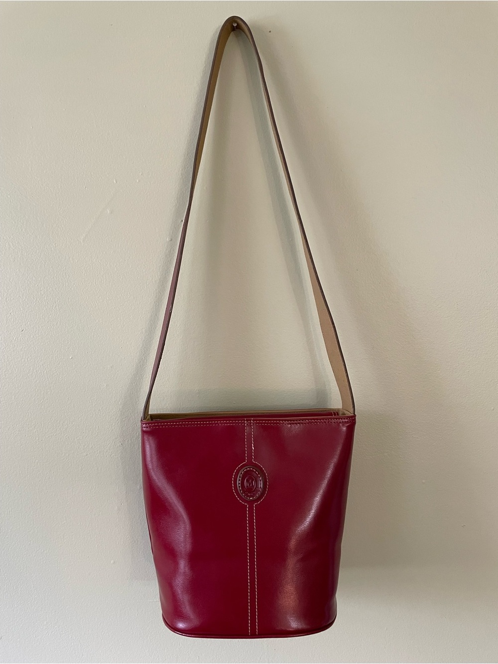 Mondani Burgundy Leather Shoulder Bucket Bag with Tan Strap